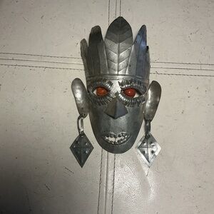 Handcrafted Metal Tribal Wall Mask with Orange Eyes